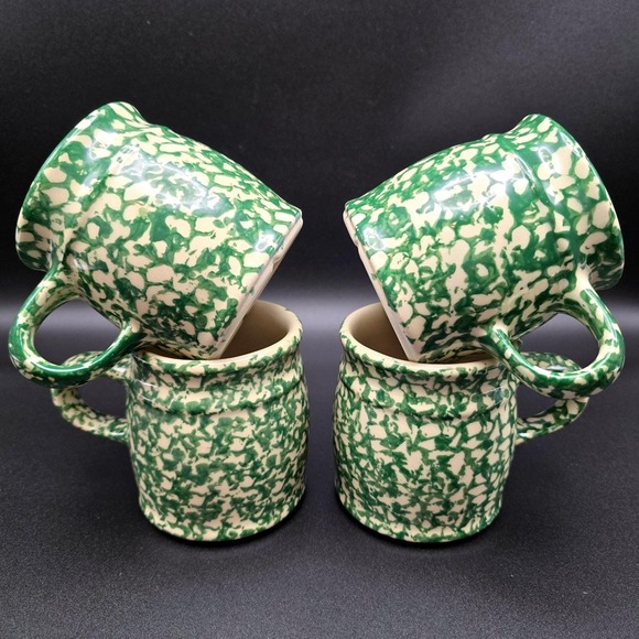 Gerald E Henn Workshops Green Sponge Ware Pottery Mugs Set of 4 Roseville Ohio - Picture 6 of 15